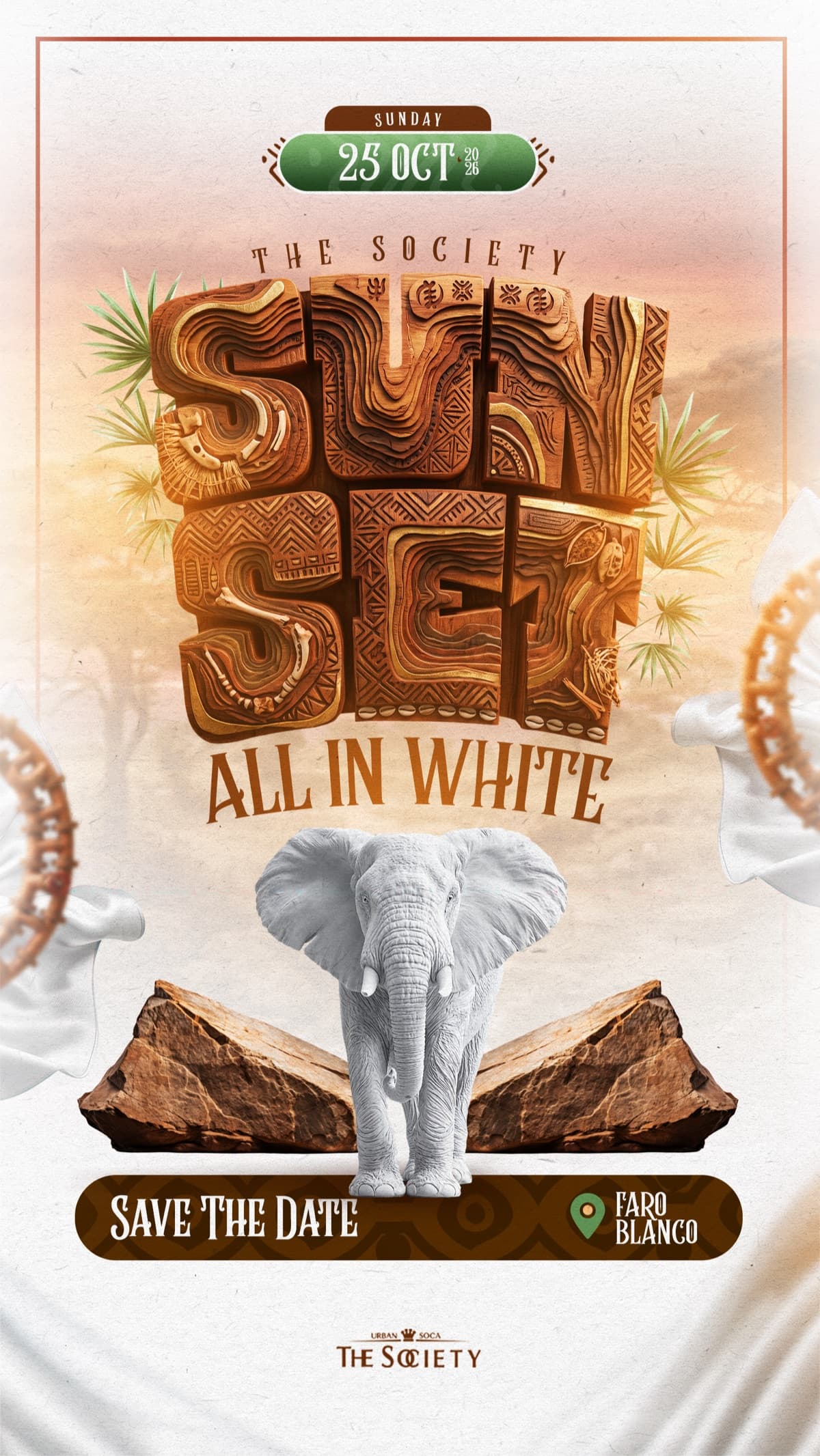 The Society Sunset — All in White. Sunday 25 October 2026 at Faro Blanco, Aruba. Event poster.